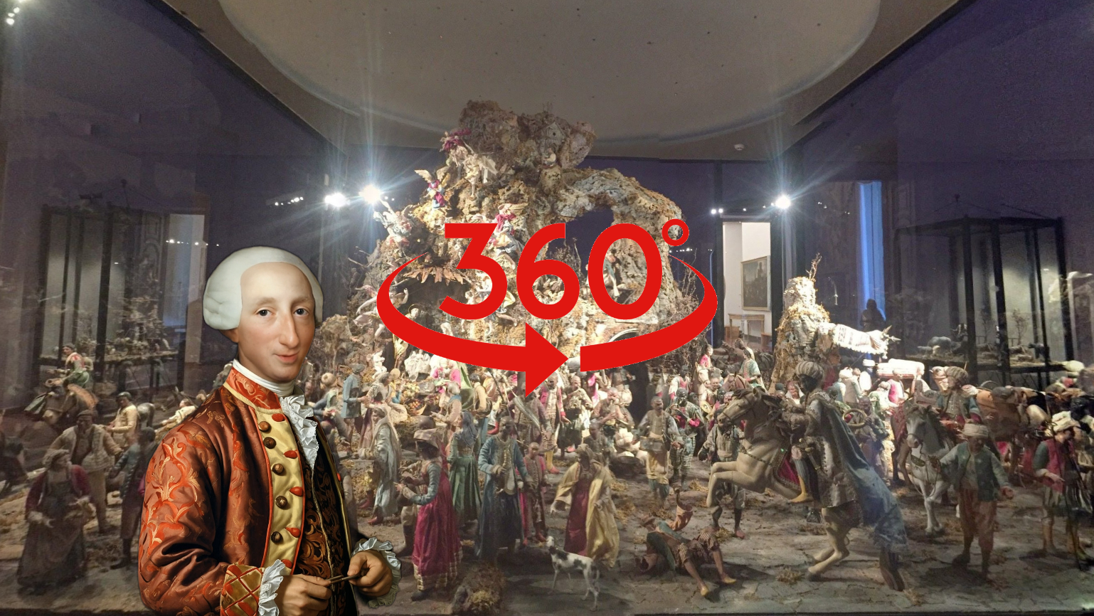 Un diorama storico con numerose statuette dettagliate e una struttura rocciosa centrale è esposto dietro una vetrata. Un Carlo di Borbone illustrato è in piedi di fronte, sormontato da un simbolo rosso di rotazione "360°".