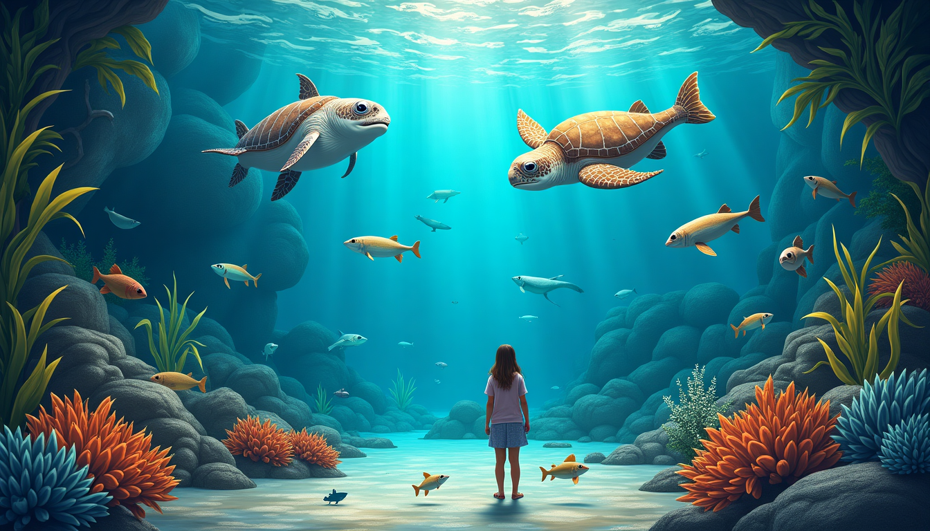 Una bimba è in piedi sott'acqua, circondata da una colorata vita marina. Pesci diversi, una tartaruga e coralli vivaci sono visibili sullo sfondo blu dell'oceano, con la luce del sole che filtra attraverso l'acqua dall'alto.