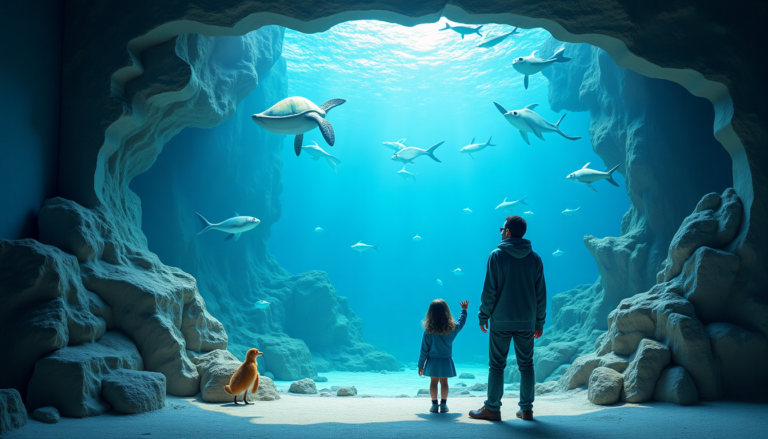Un uomo e una ragazza sono in piedi all'ingresso di una grotta sottomarina, tenendosi per mano e osservando creature marine come squali e una tartaruga che nuotano. Un pinguino è in piedi accanto a loro, come se fossero parte di installazioni video musei immersive nell'acqua blu del sole.