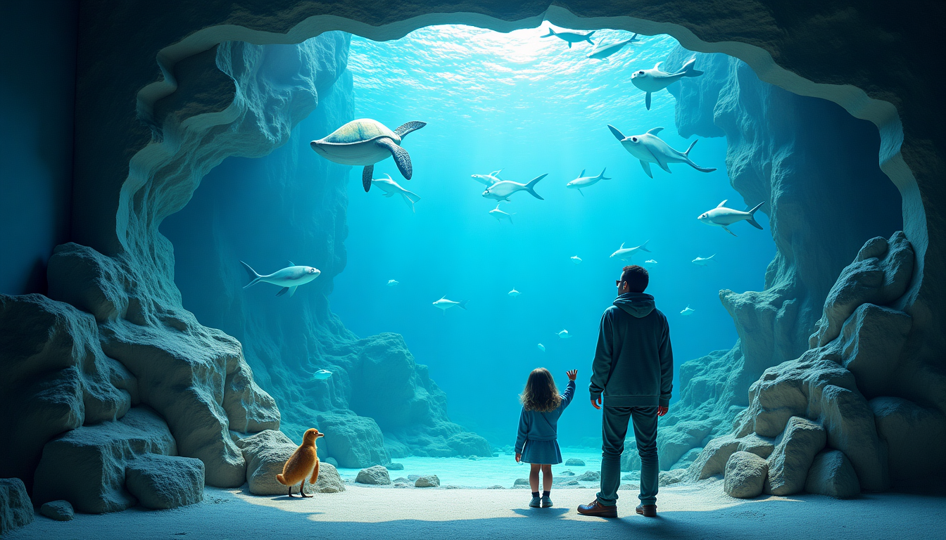 Un uomo e una ragazza sono in piedi all'ingresso di una grotta sottomarina, tenendosi per mano e osservando creature marine come squali e una tartaruga che nuotano. Un pinguino è in piedi accanto a loro, come se fossero parte di installazioni video musei immersive nell'acqua blu del sole.